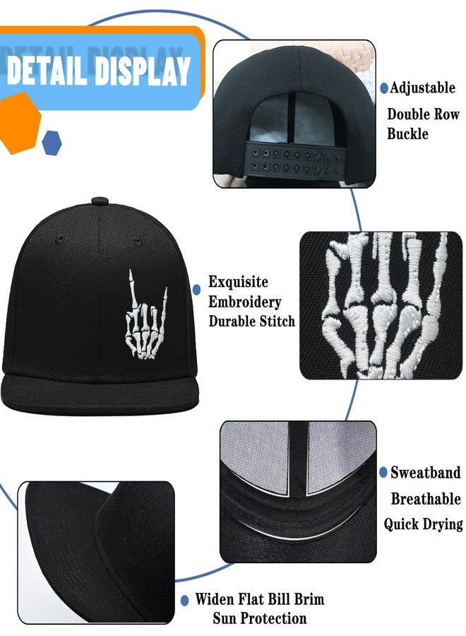 viofre Flat Bill Hats for Men Embroidery Skull Snapback Hats for Men Flat Brim Fitted hat Mens Black Baseball Cap Funny Hip Hop Trucker hat for Mens Adjustable Snap Back Golf Cap Teen Boys Skateboard Gifts - Image 4